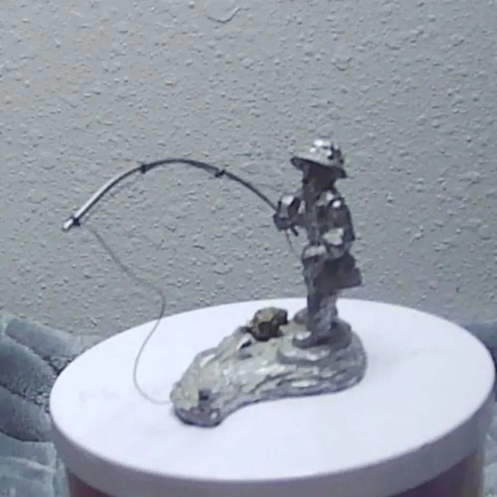 Vintage Pewter and Pyrite Sculpture Man Fly Fishing 2x2.5x1.25